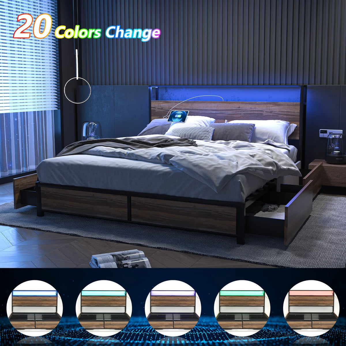 Queen Size LED Metal Platform Bed Frame with 4 Storage Drawers and Headboard J2003