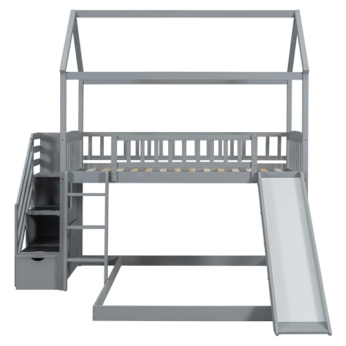 Twin Over Full Bunk Bed with Stairs and Slide, Gray S561
